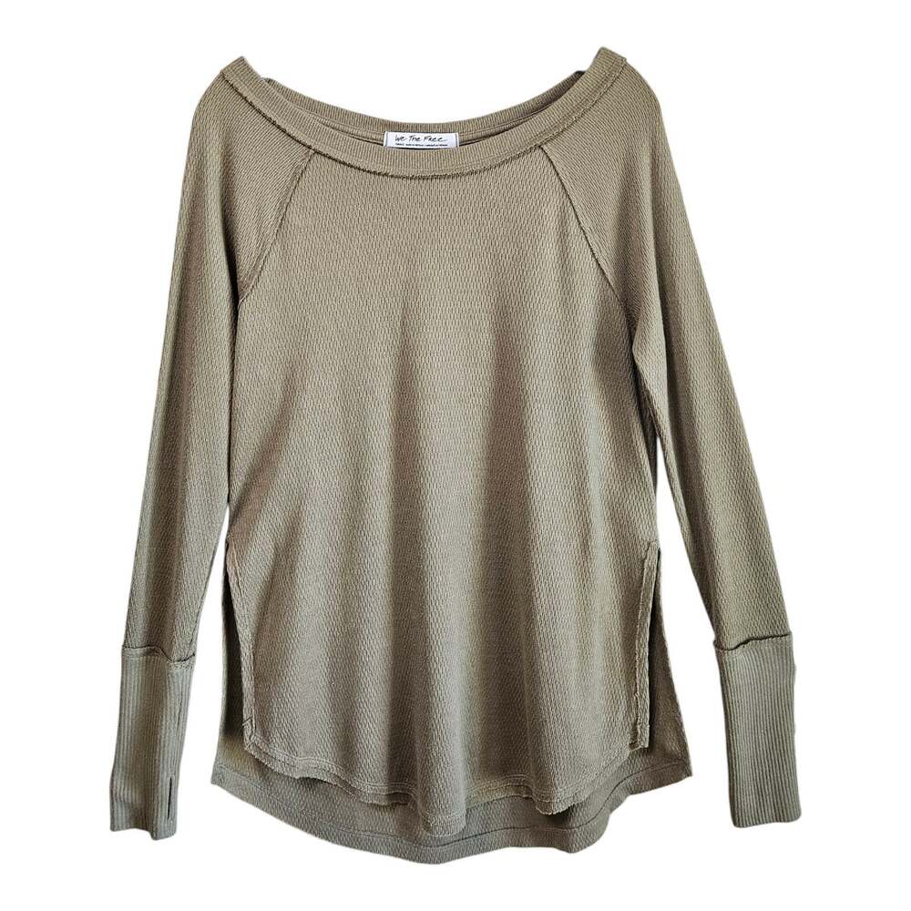 FREE PEOPLE We The Free S Tunic Top Green Waffle Knit Thumbholes Raw Edges 36"